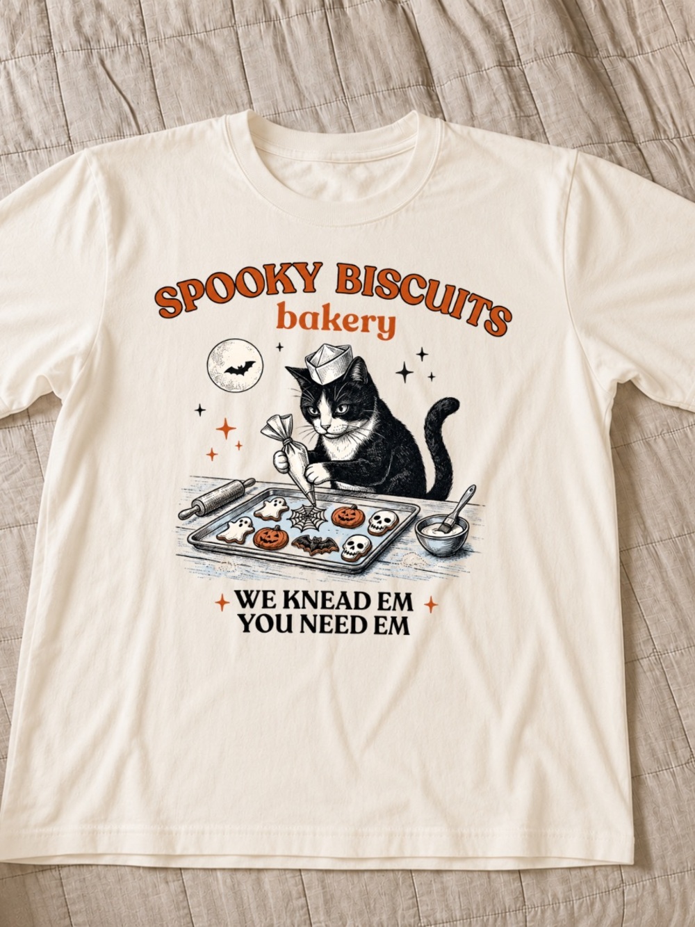 Unisex T Shirt Off White Short-Sleeve Tee with Black Cat and Orange Accents